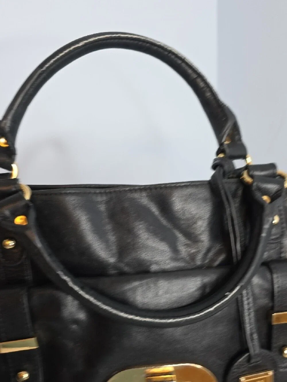 Badgley Mischka Black Leather Satchel with Gold Hardware
